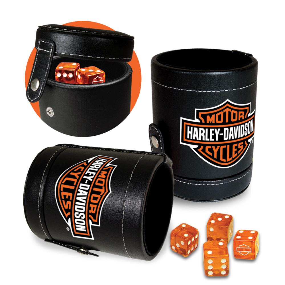 Harley-Davidson® Bar & Shield Black Felt Dice Cup w/ 6 Orange Dice 651D 